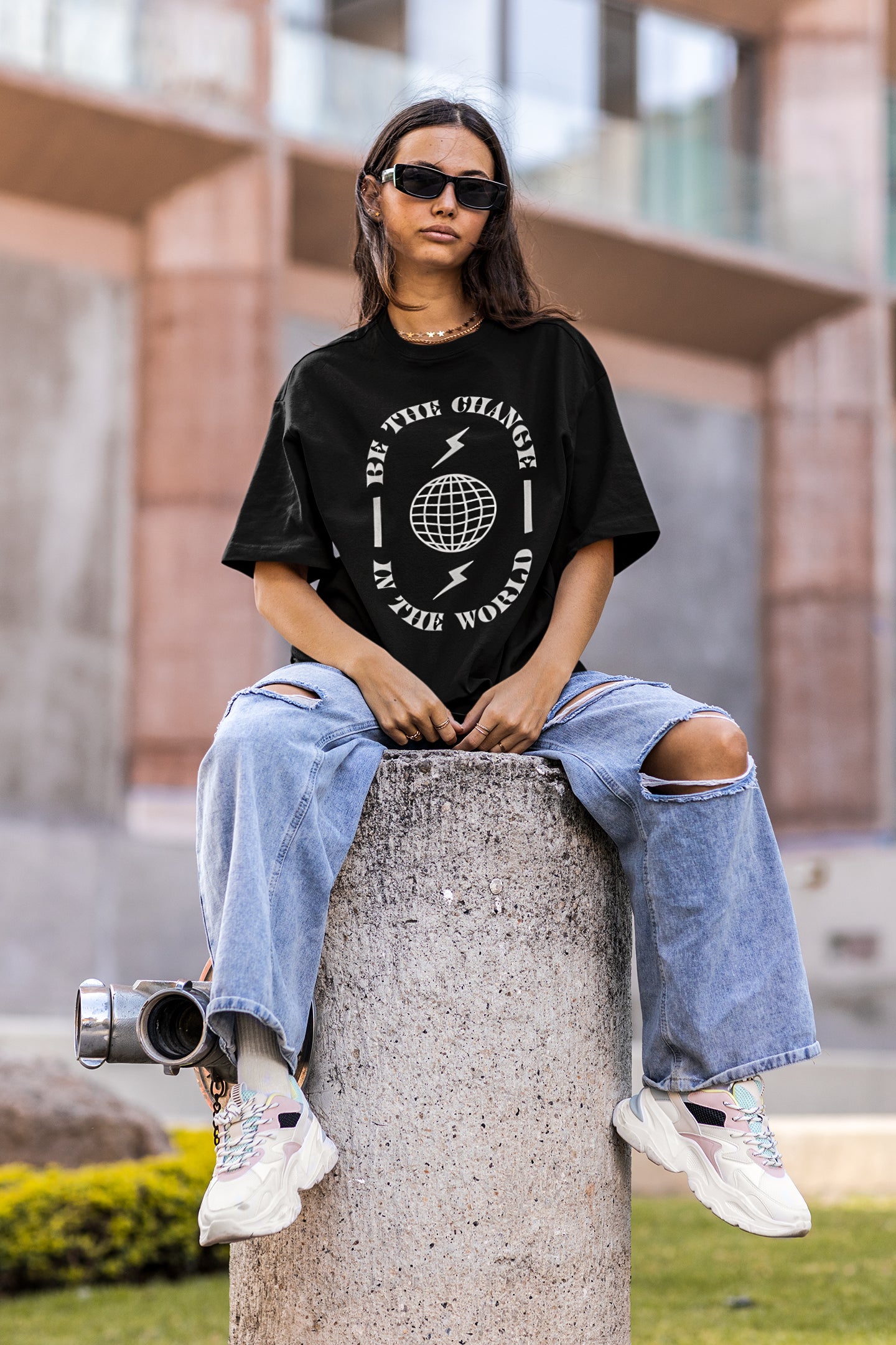 Be the Change in the World - Black Oversized Tee